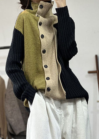 Black High Neck Asymmetrical Design Knit Sweater Tops Winter
