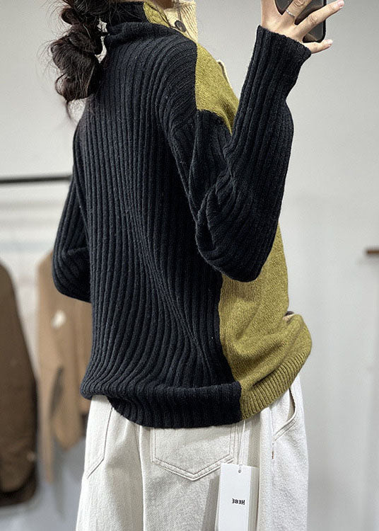 Black High Neck Asymmetrical Design Knit Sweater Tops Winter