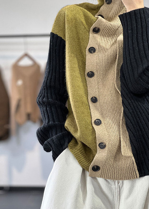 Black High Neck Asymmetrical Design Knit Sweater Tops Winter