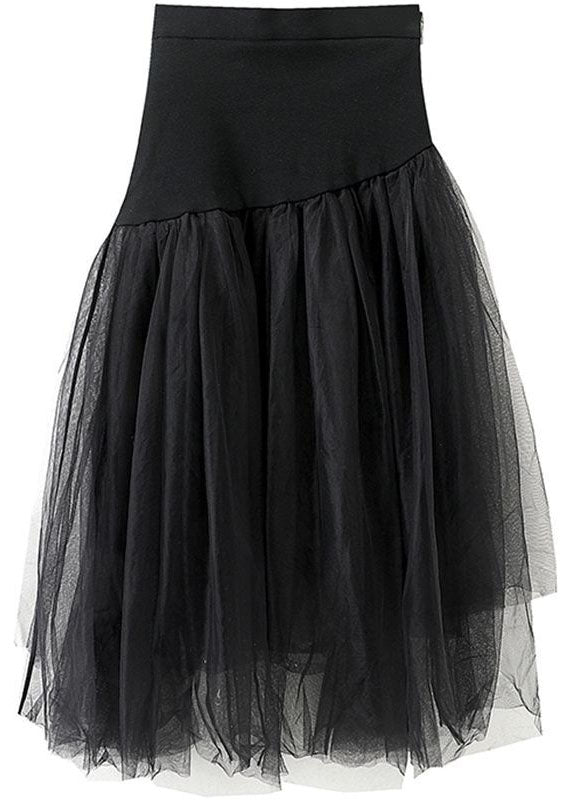 Black High Waist Asymmetrical Patchwork Tulle Skirt Summer