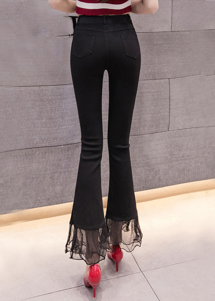 Black High Waist Lace Patchwork Side Open Crop Pants Spring