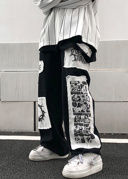Black High Waist Patchwork Cotton Pants Fall