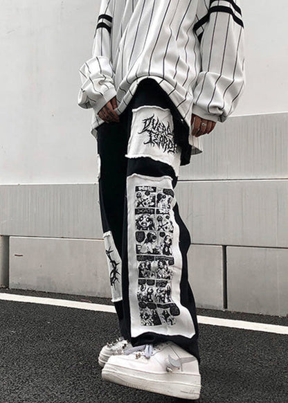 Black High Waist Patchwork Cotton Pants Fall