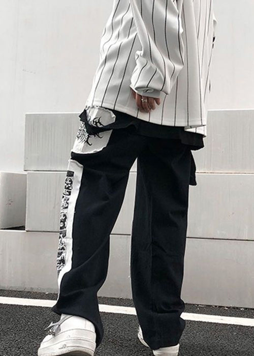 Black High Waist Patchwork Cotton Pants Fall