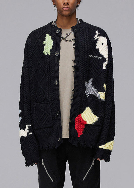 Black Hole Button Pockets Knit Coats Spring