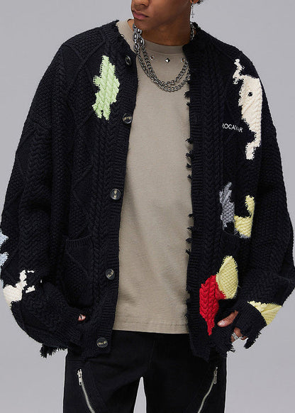 Black Hole Button Pockets Knit Coats Spring