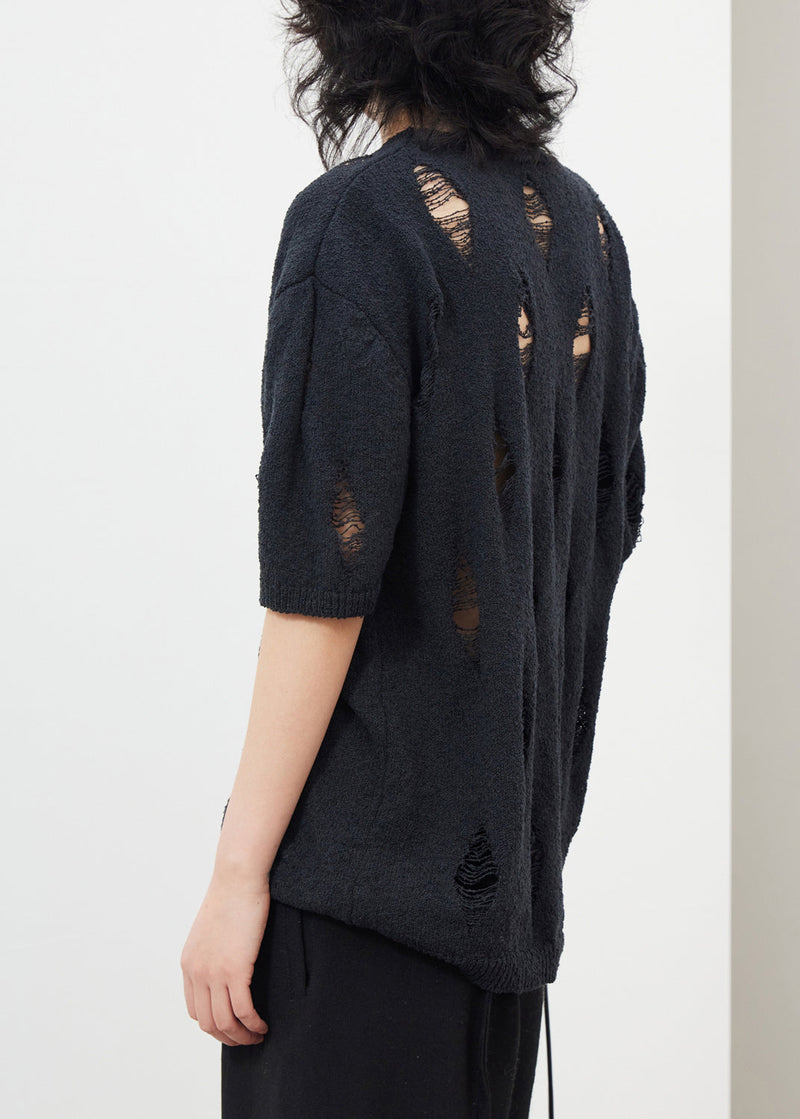 Black Hollow Out Hole Ice Silk Knit Top Half Sleeve