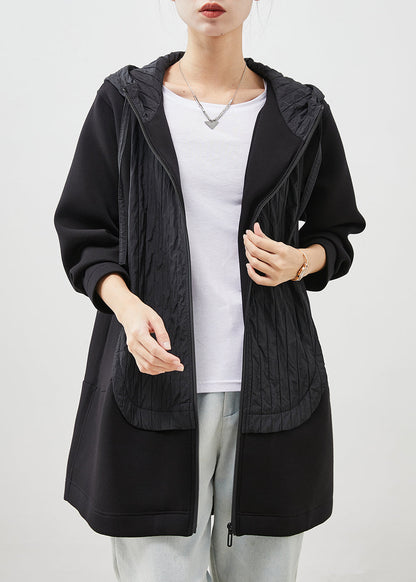 Black Hooded Patchwork Cotton Coat Outwear Spring