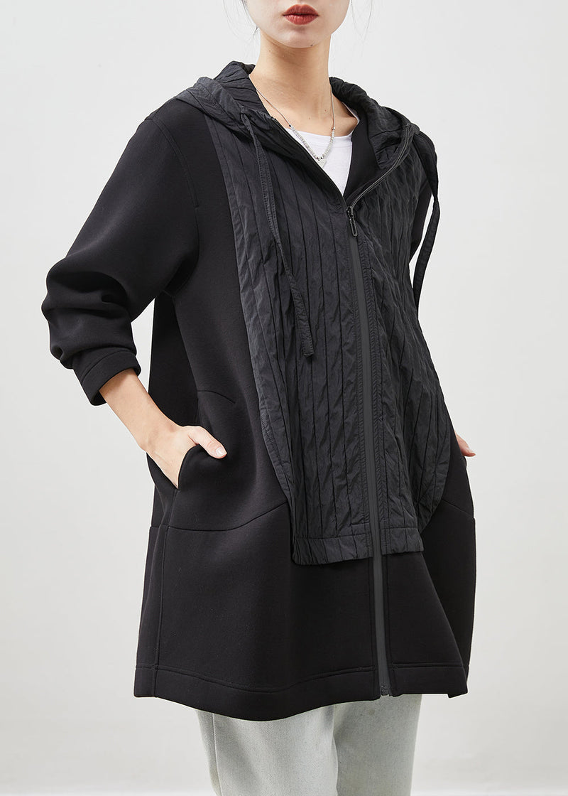 Black Hooded Patchwork Cotton Coat Outwear Spring