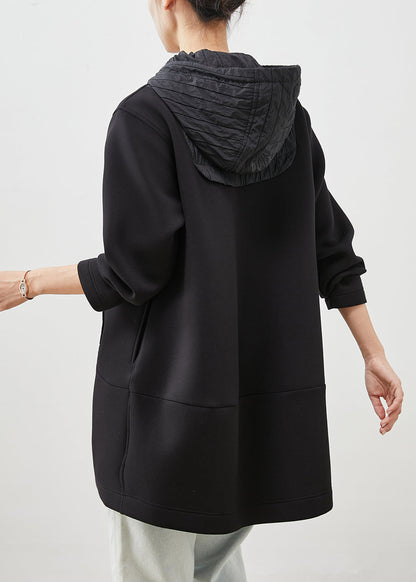 Black Hooded Patchwork Cotton Coat Outwear Spring