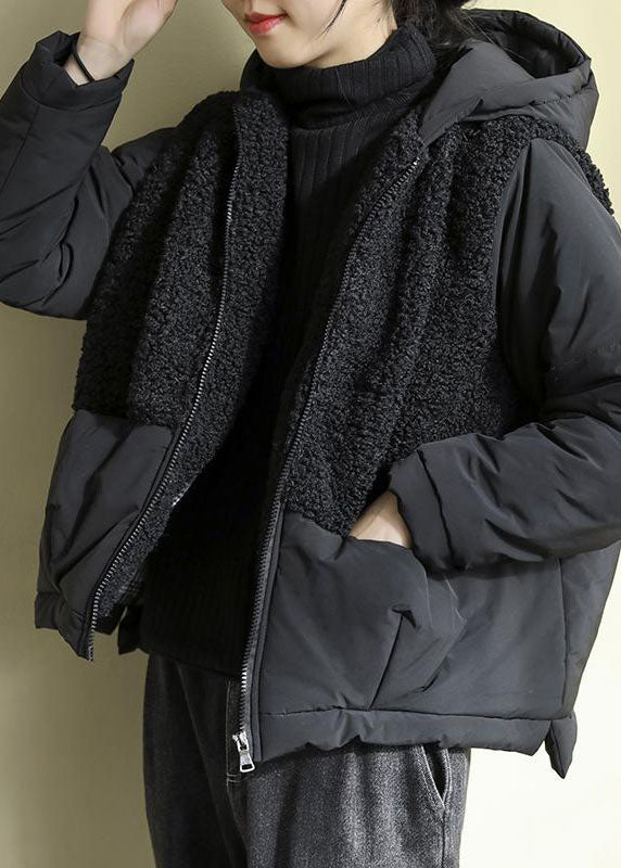 Black Hooded Patchwork Zippered Faux Fur Parkas Winter