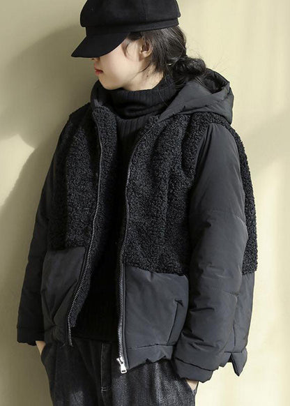 Black Hooded Patchwork Zippered Faux Fur Parkas Winter