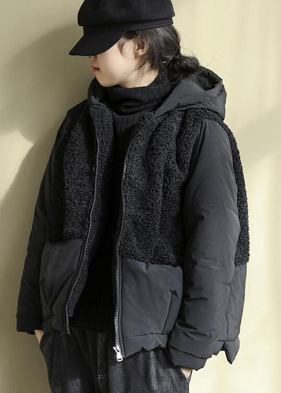 Black Hooded Patchwork Zippered Faux Fur Parkas Winter