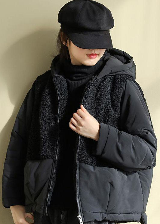 Black Hooded Patchwork Zippered Faux Fur Parkas Winter