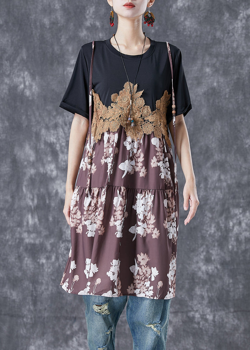 Black Lace Patchwork Print Chiffon Fake Two Piece Dresses Summer