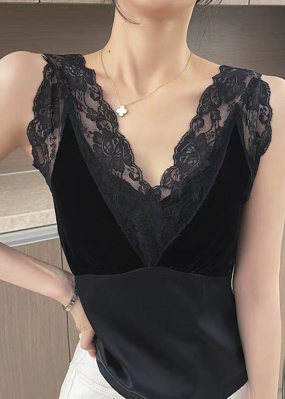 Black Lace Patchwork Silk Tanks Sleeveless