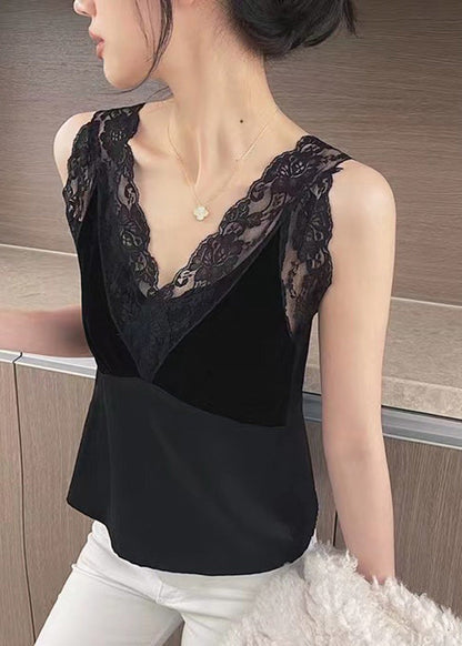 Black Lace Patchwork Silk Tanks Sleeveless