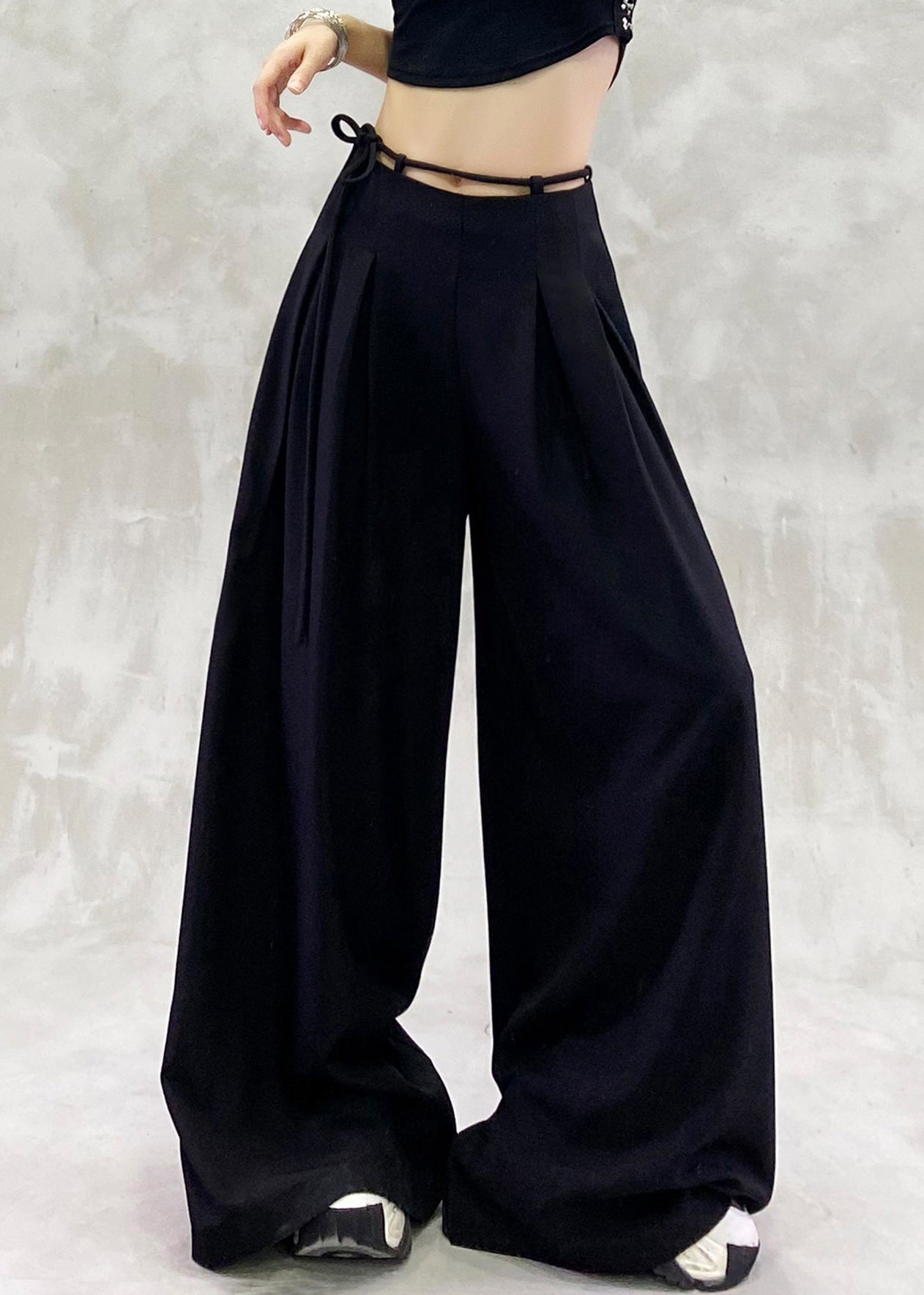 Black Lace Up High Waist Spandex Wide Leg Pants Summer