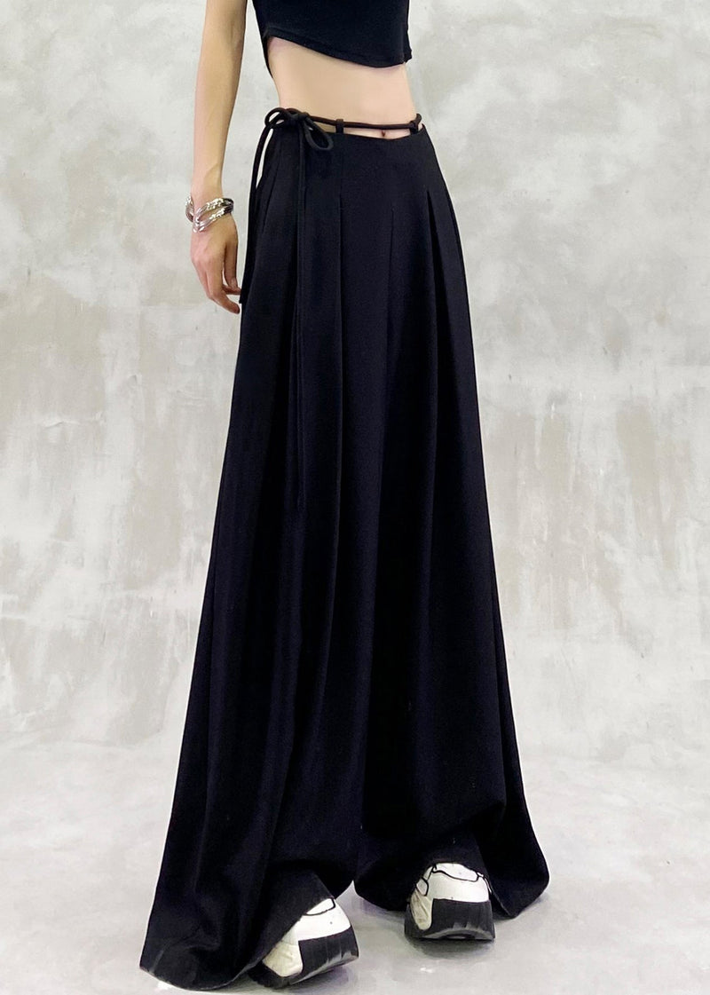 Black Lace Up High Waist Spandex Wide Leg Pants Summer