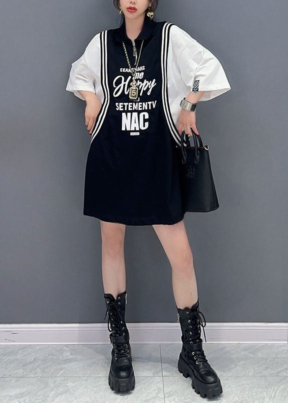 Black Letter Print Patchwork Cotton Sport Mid Dress Summer