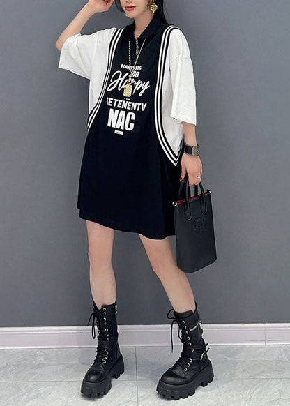 Black Letter Print Patchwork Cotton Sport Mid Dress Summer