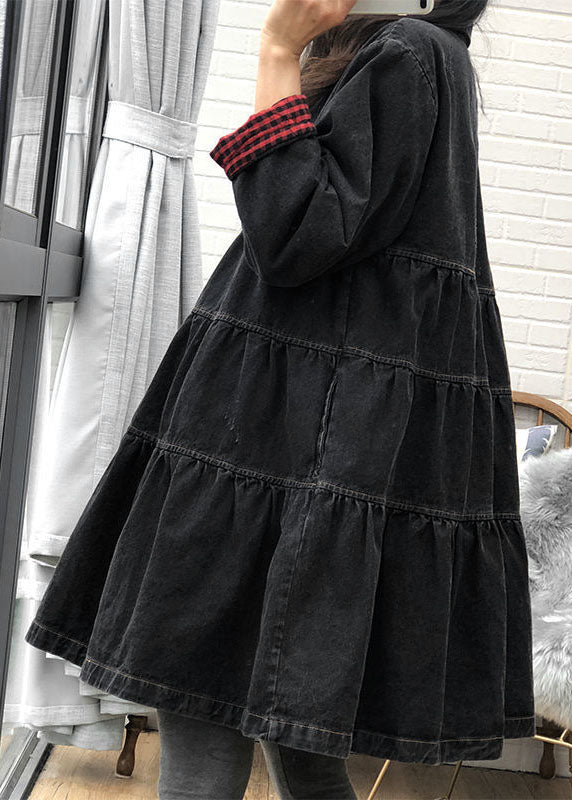 Black Loose Button Patchwork Fall Trench Coats Dress