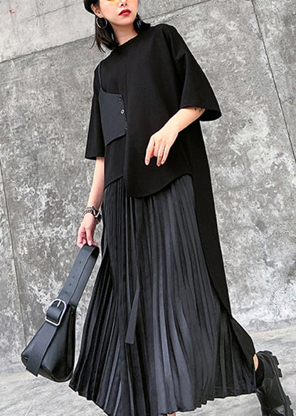 Black O-neck Asymmetrical Patchwork Cotton T Shirt Top Summer