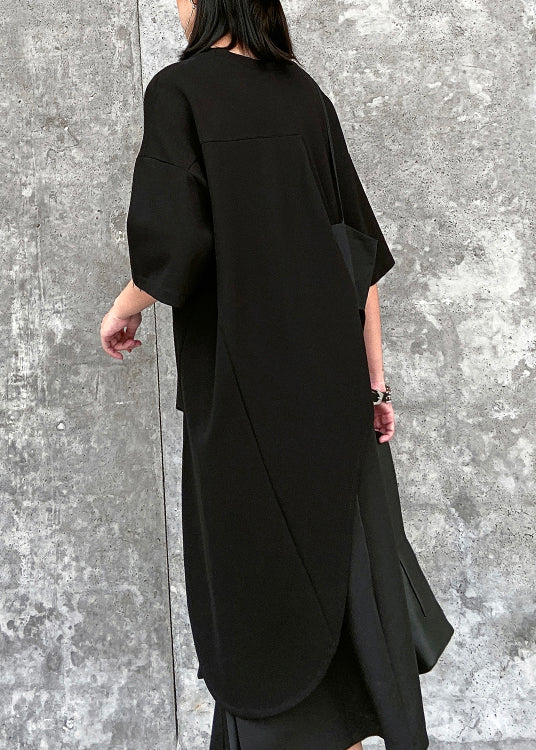 Black O-neck Asymmetrical Patchwork Cotton T Shirt Top Summer