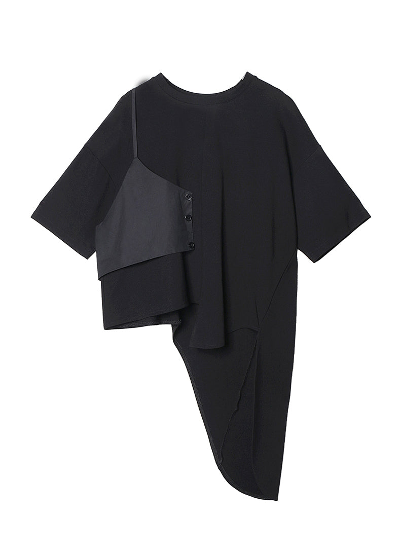 Black O-neck Asymmetrical Patchwork Cotton T Shirt Top Summer