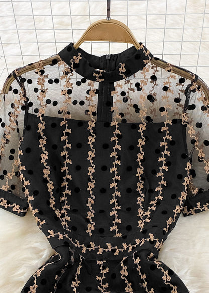 Black O-neck Dot Ruffled Tunic Tulle Long Fishtail Dress Short Sleeve