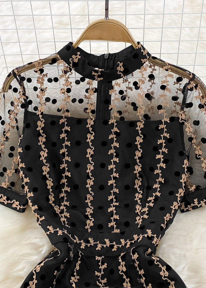 Black O-neck Dot Ruffled Tunic Tulle Long Fishtail Dress Short Sleeve
