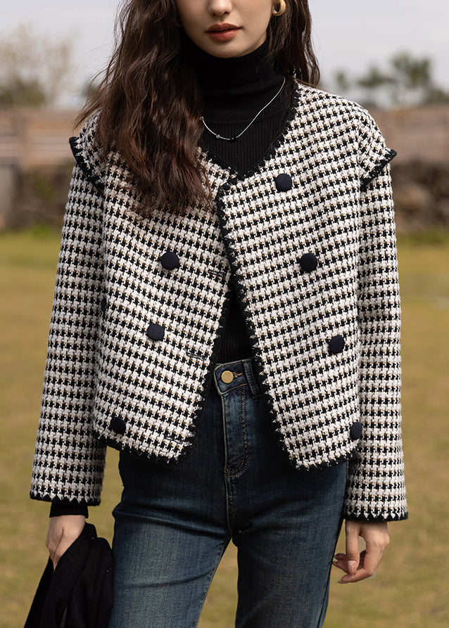 Black O Neck Double Breast Patchwork Cotton Coats Fall
