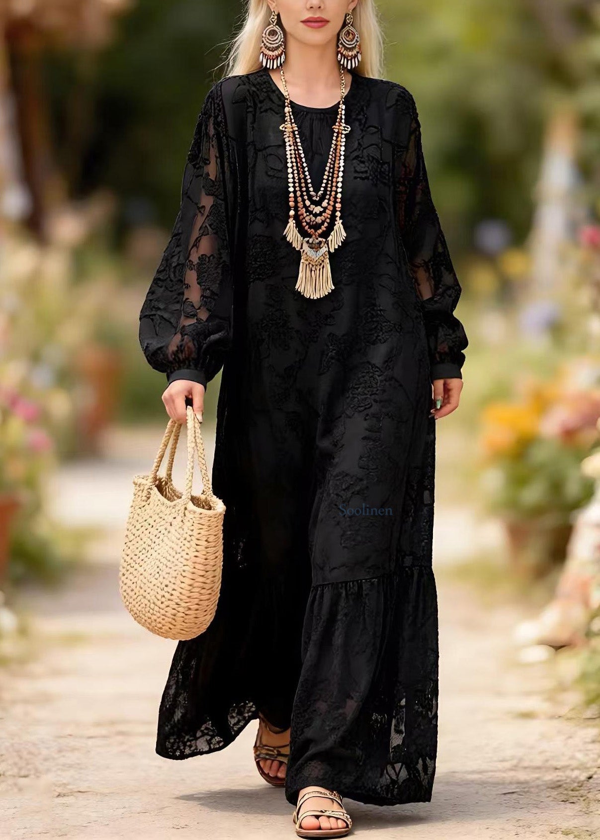Black O Neck Embroidered Lace Long Dress Spring