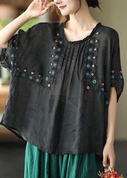 Black O-neck Embroideried Summer Ramie Half Sleeve