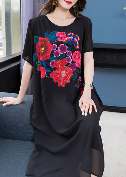 Black O Neck Patchwork Chiffon Mid Dress Summer