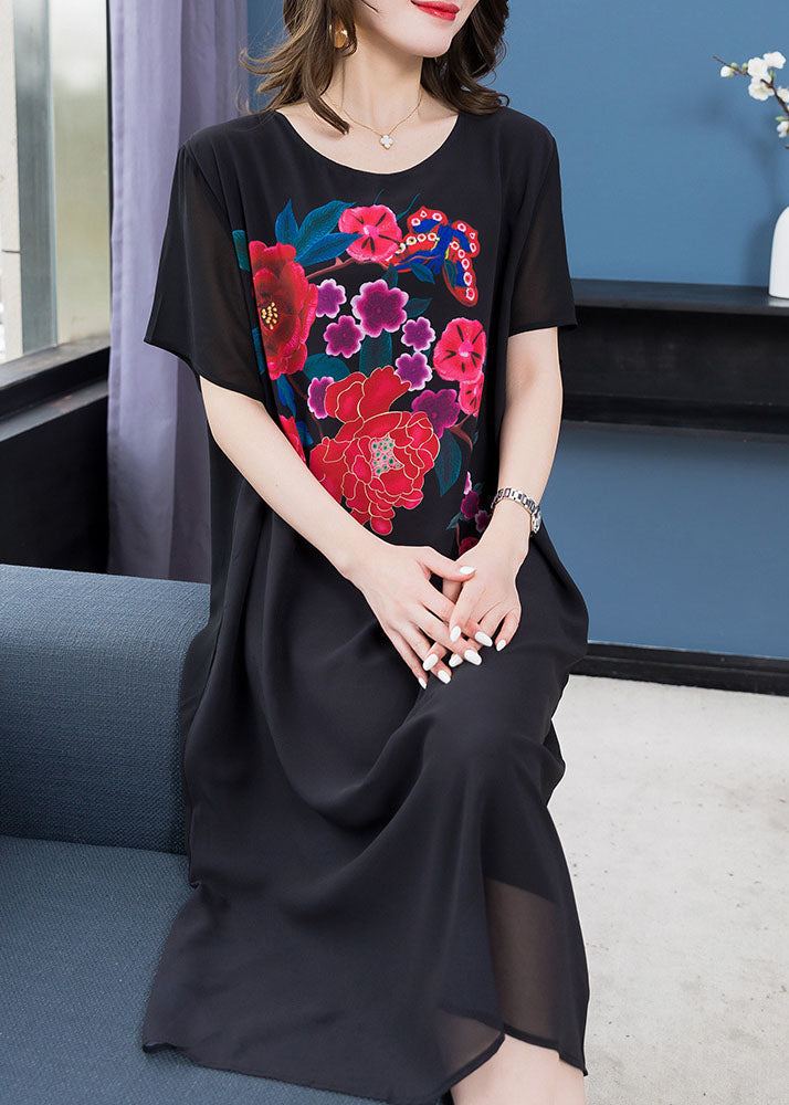 Black O Neck Patchwork Chiffon Mid Dress Summer