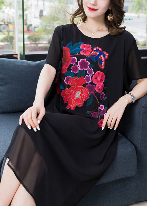 Black O Neck Patchwork Chiffon Mid Dress Summer