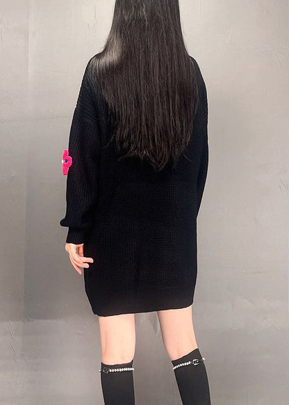 Black O Neck Patchwork Knit Dress Fall