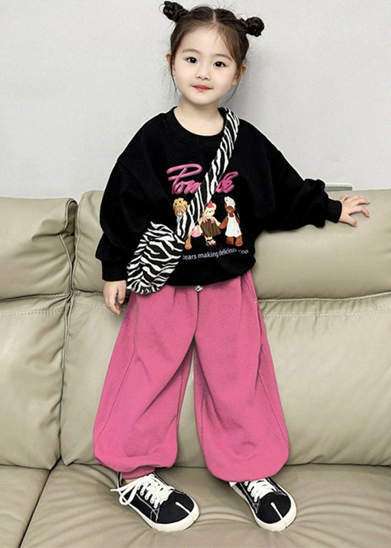 Black O-neck Kids Fleece Sweatshirt and Lantern Pants Two Pieces Set Spring