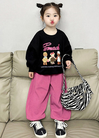 Black O-neck Kids Fleece Sweatshirt and Lantern Pants Two Pieces Set Spring
