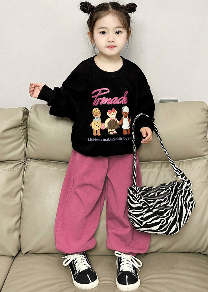 Black O-neck Kids Fleece Sweatshirt and Lantern Pants Two Pieces Set Spring