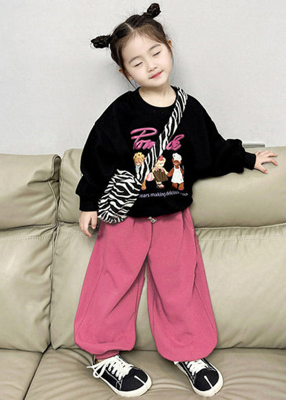Black O-neck Kids Fleece Sweatshirt and Lantern Pants Two Pieces Set Spring