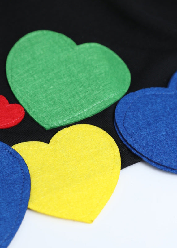 Black O-neck Loving Heart Cotton T Shirt Short Sleeve
