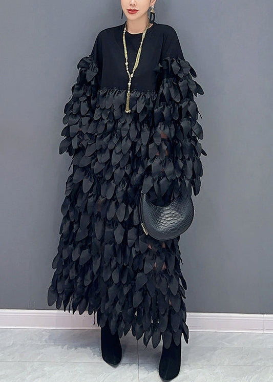 Black O Neck Patchwork Cotton Long Dress Spring