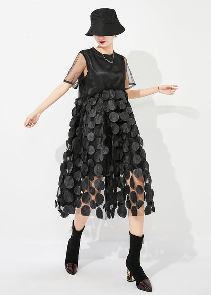 Black O-neck Patchwork Exra Large Hem Tulle Vacation Dress Summer