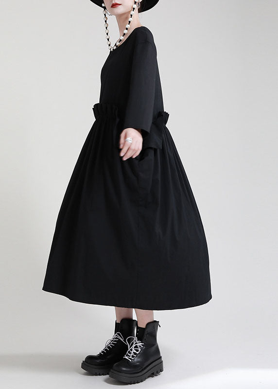 Black O-neck Patchwork Pockets Fall Dress Long Sleeve