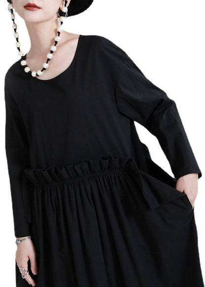 Black O-neck Patchwork Pockets Fall Dress Long Sleeve
