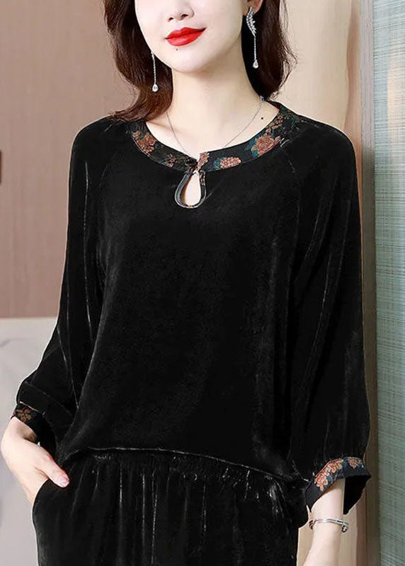Black O Neck Patchwork Silk Velour Shirts Top Spring