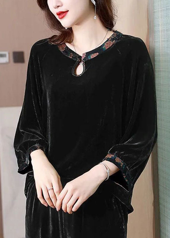Black O Neck Patchwork Silk Velour Shirts Top Spring