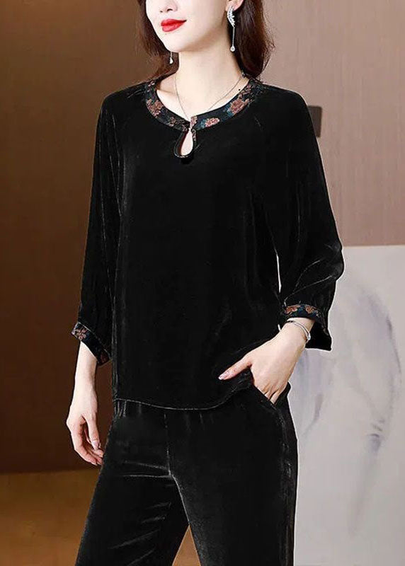 Black O Neck Patchwork Silk Velour Shirts Top Spring
